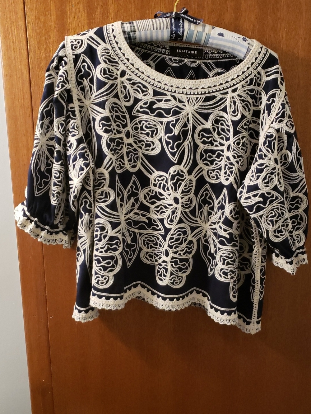 Solitaire Navy & White Crochet-Embroidered Boxy Short Top
